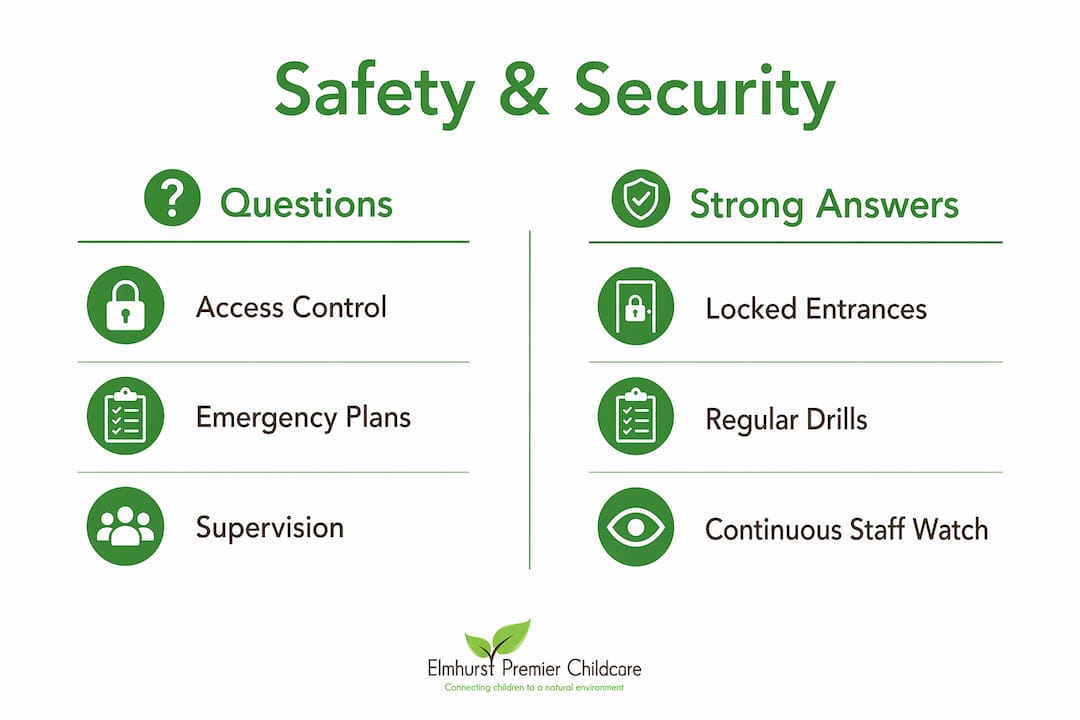 Infographic comparing daycare safety questions and strong answers