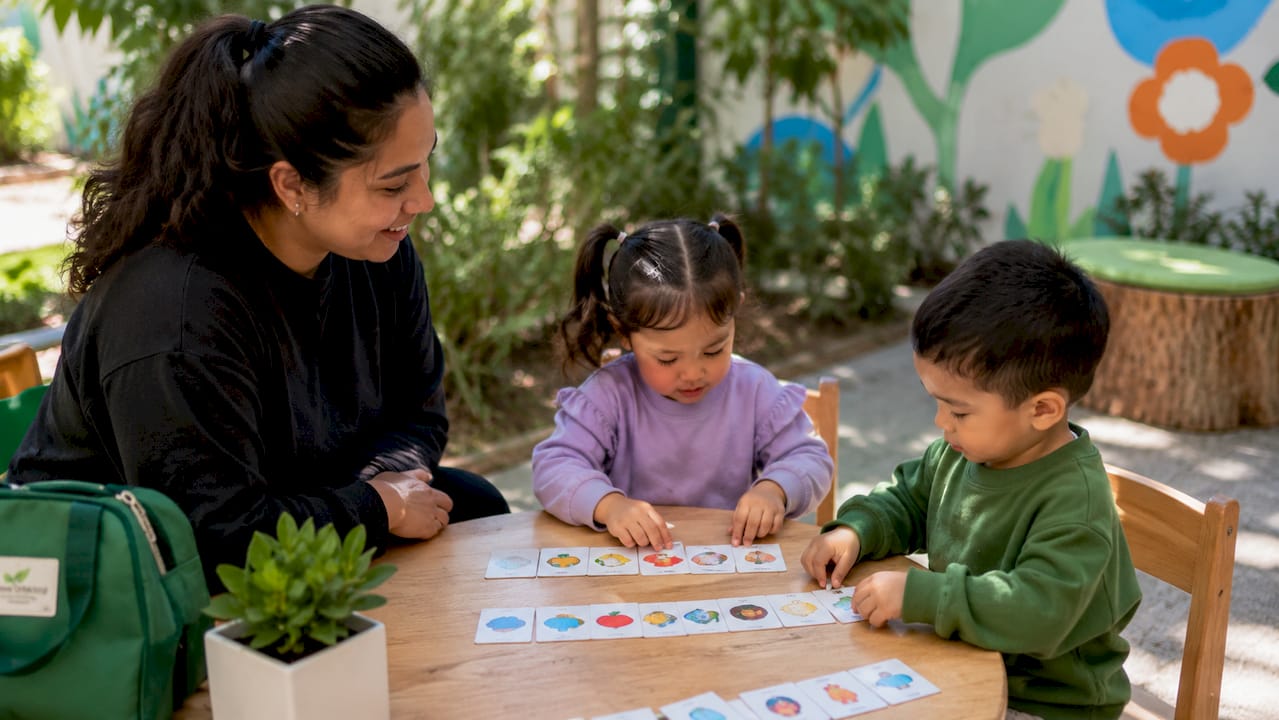 Children doing guided play with caregiver support