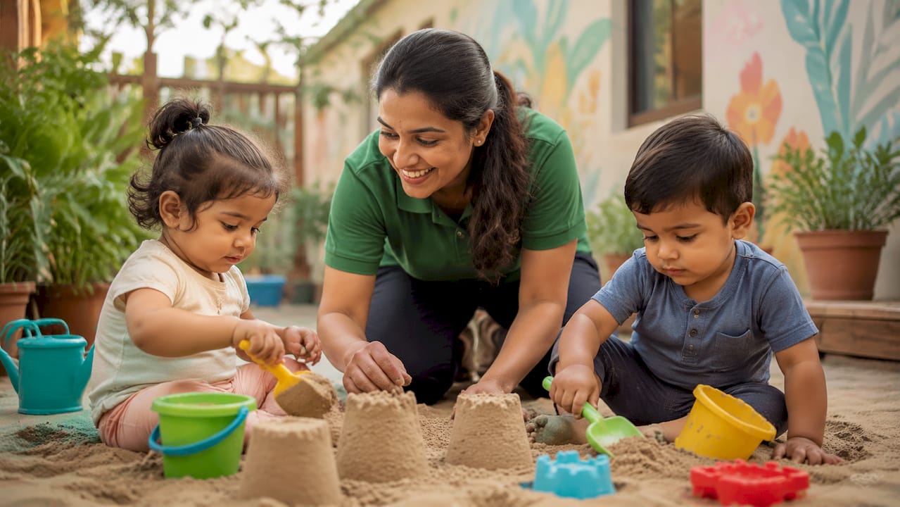 Daycare staff supervising toddlers at play