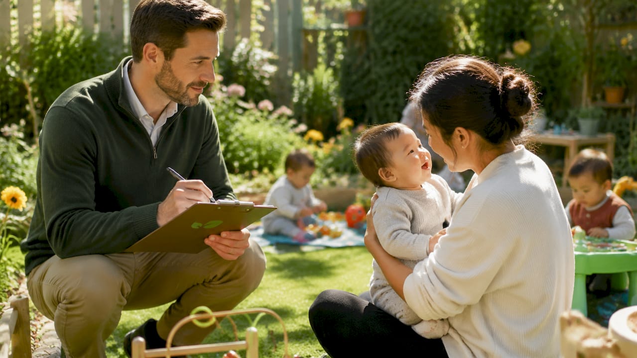 Childcare director observing caregiver with infant