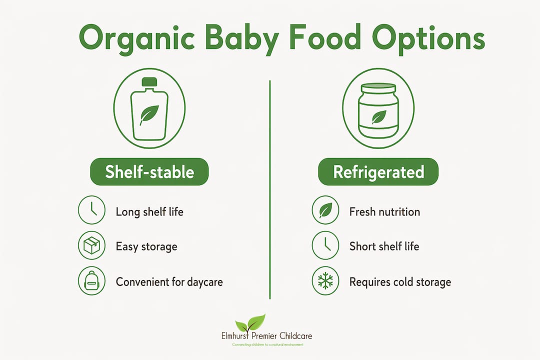 Infographic comparing shelf-stable vs refrigerated organic baby food