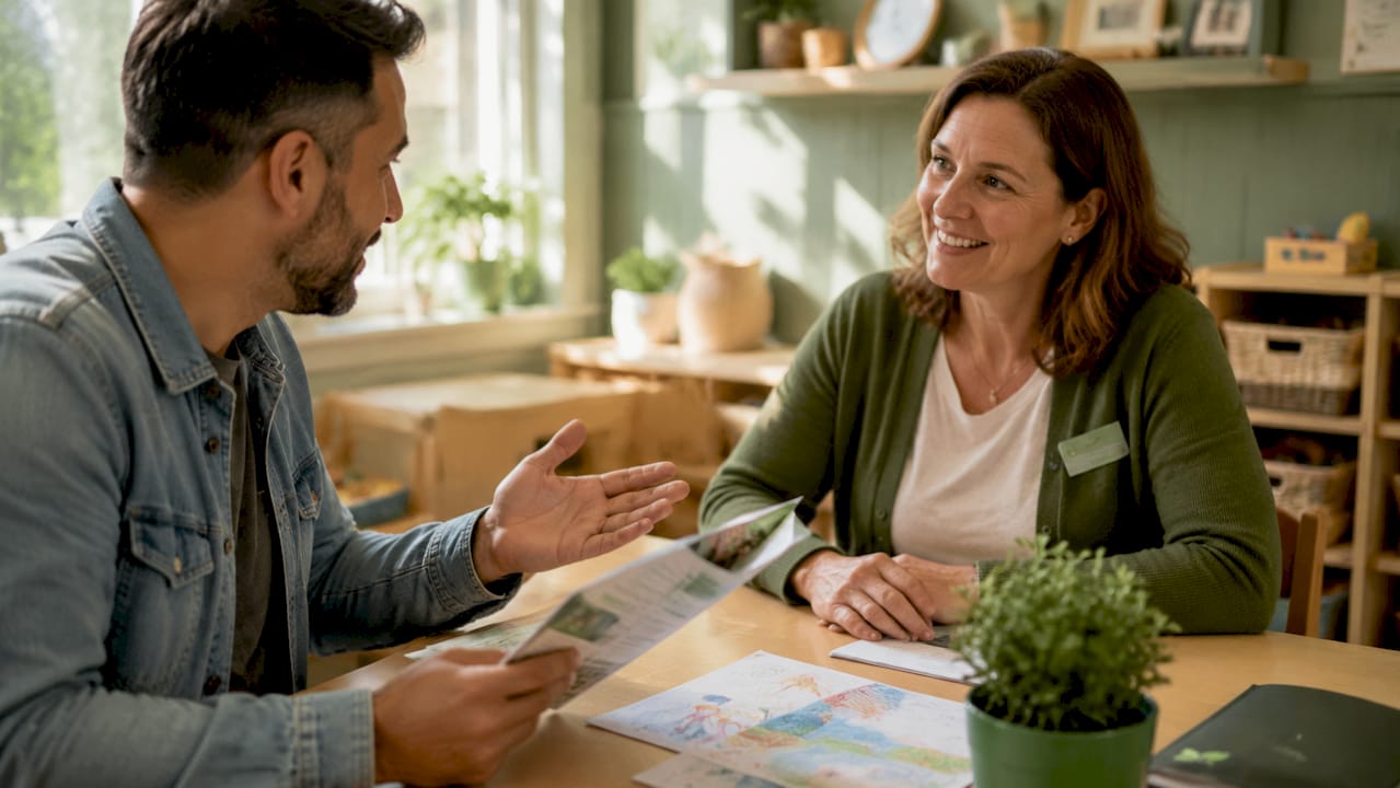 Father consulting daycare provider about feeding policy