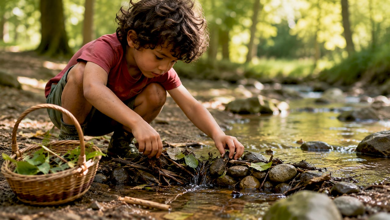 Boy building dam with natural materials outdoors