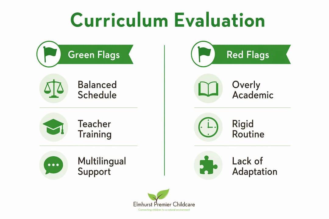 Infographic comparing preschool curriculum evaluation flags