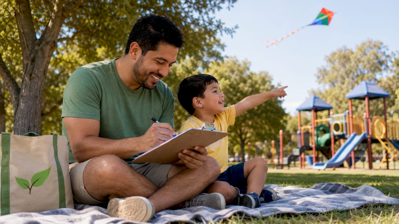 Father and child reviewing preschool checklist outdoors