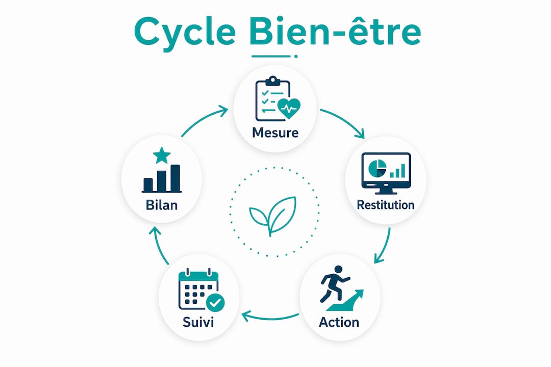 Schéma illustrant les étapes clés de l’écoute et de la mise en action pour favoriser le bien-être au sein des PME