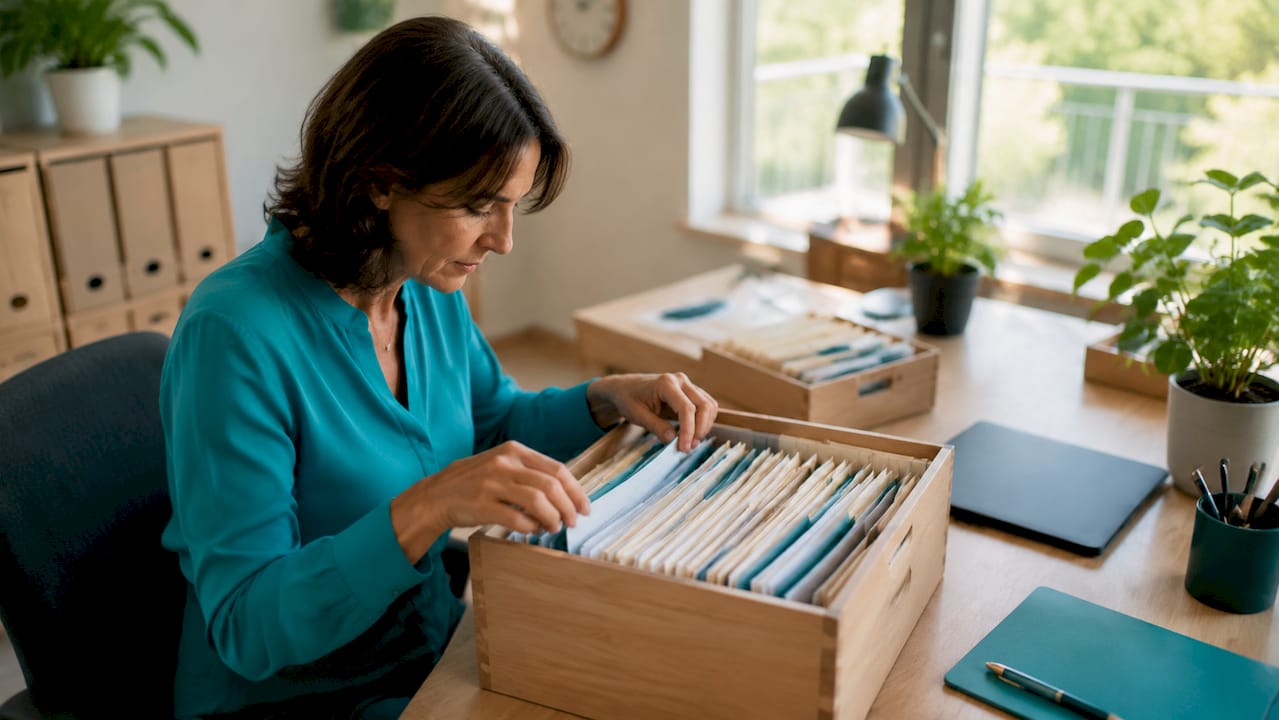Des mains feuilletant des dossiers d’archives DUERP sur un bureau, en pleine organisation des documents.