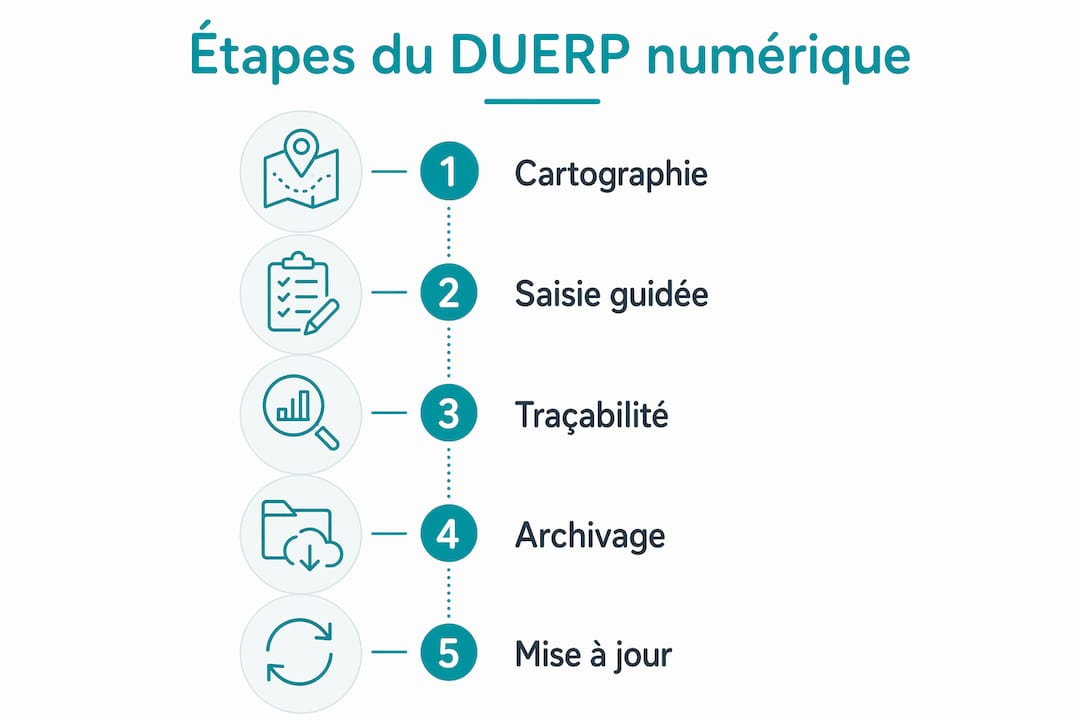 Découvrez, en un coup d’œil, les différentes étapes incontournables pour mettre en place un DUERP numérique grâce à cette infographie.