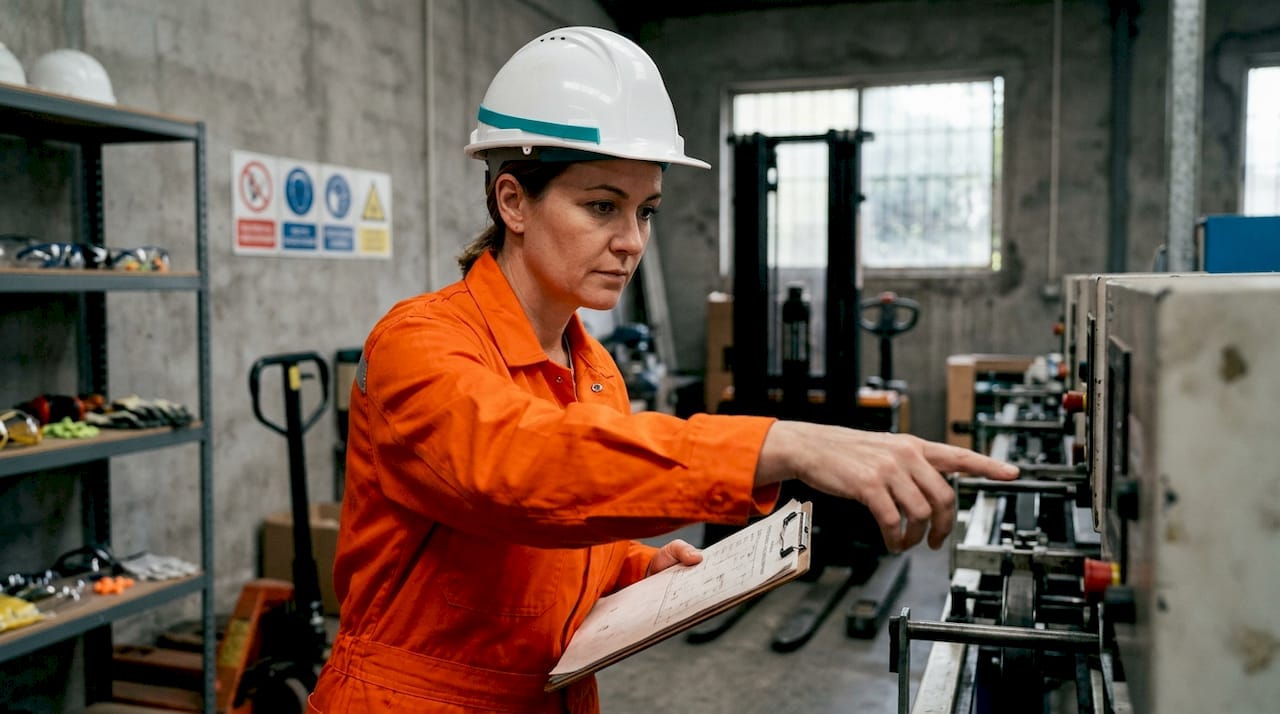 Un responsable effectue une visite de contrôle pour identifier les risques physiques au sein de l’usine.