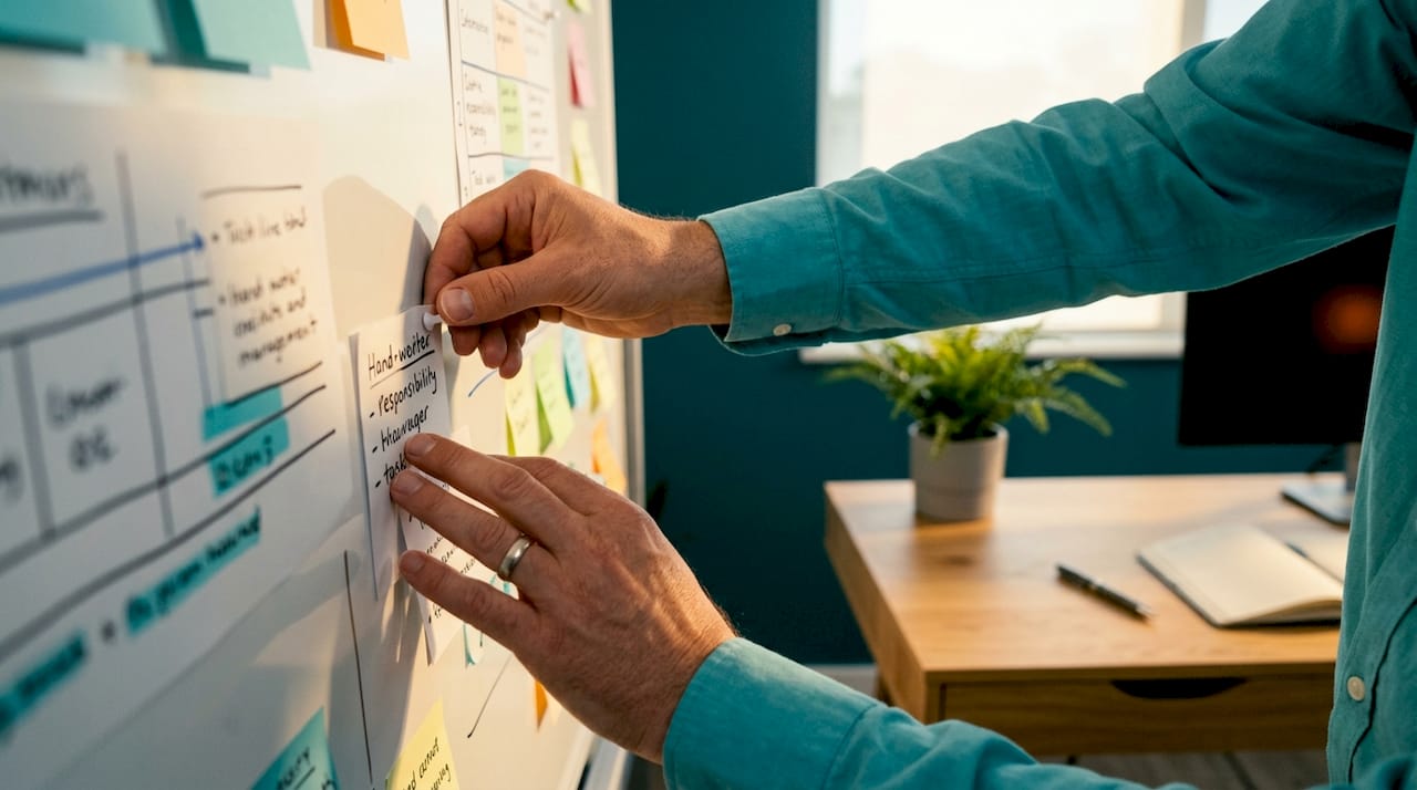 Des mains de manager en train d’attribuer des responsabilités sur un tableau à l’aide d’étiquettes
