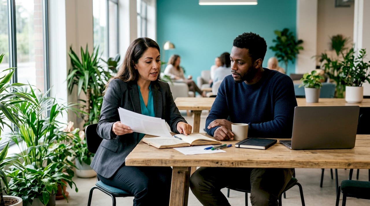 Deux collaborateurs échangent sur la mise à jour du document unique d’évaluation des risques professionnels.