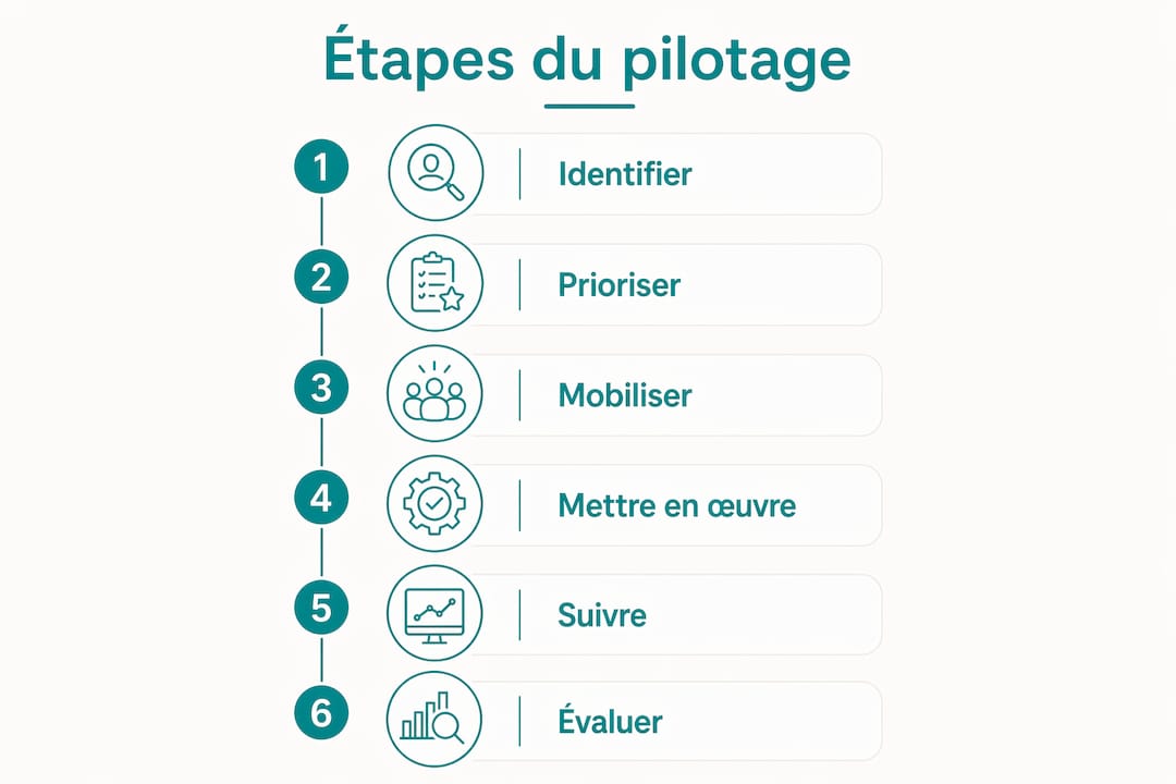 Infographie présentant les différentes étapes clés pour piloter efficacement un plan de prévention des risques humains en entreprise