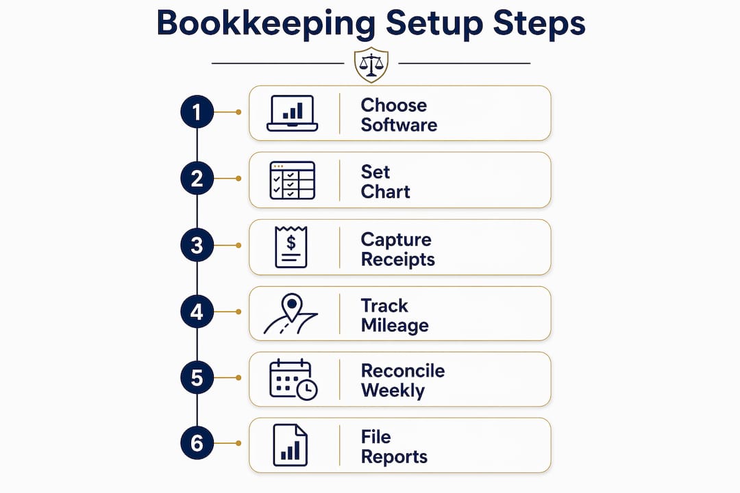 Infographic showing step-by-step trucking bookkeeping setup