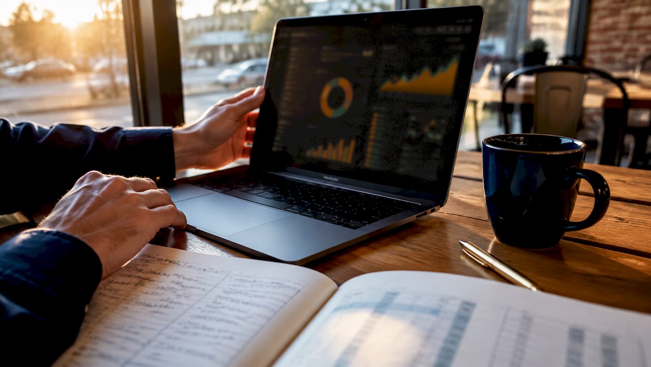 Overhead desk with bookkeeping tools and tech devices