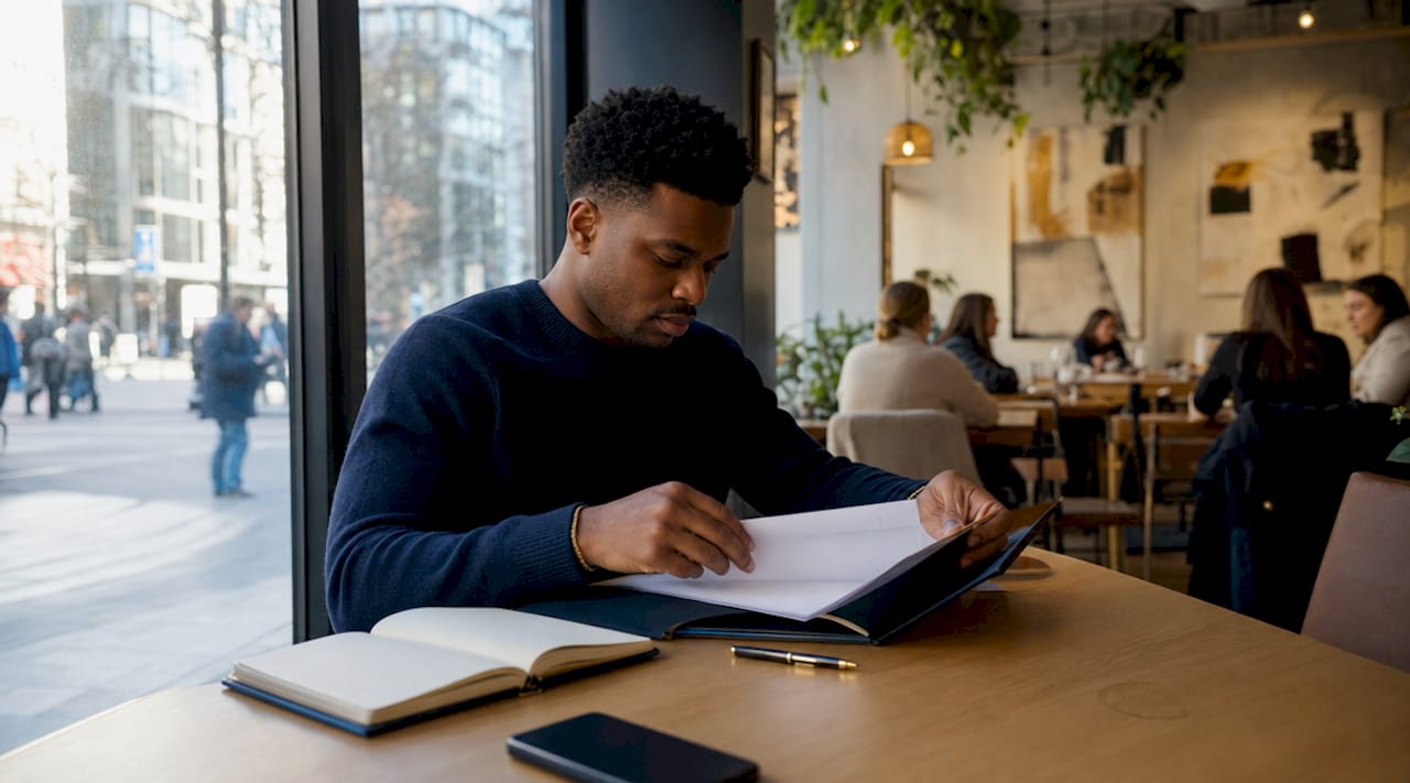 Man organizing business setup documents at desk