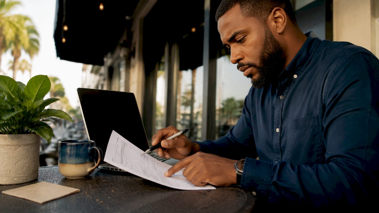 Close-up of small business owner reviewing invoice