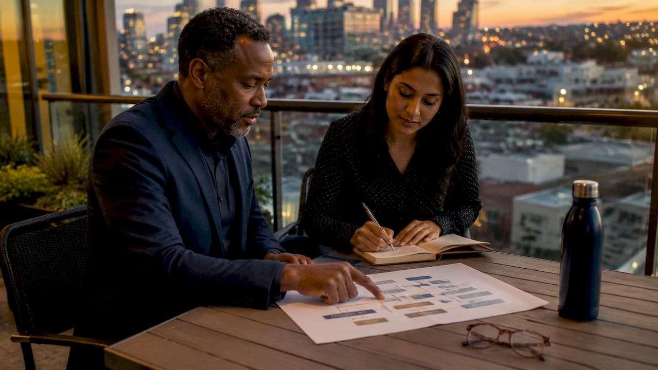Two professionals reviewing entity structuring papers
