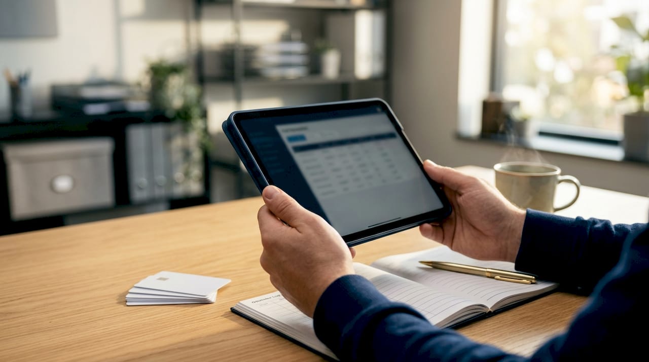 Hands holding tablet amidst fuel tracking documents