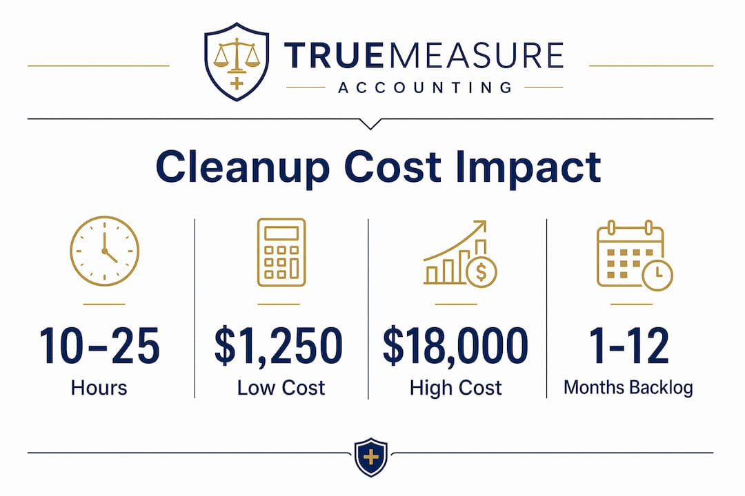 Infographic showing bookkeeping cleanup time and cost ranges