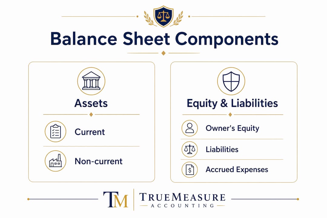Infographic illustrating balance sheet components for small business