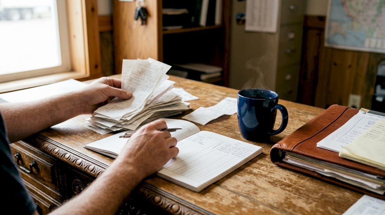 Hands calculating trucking fuel expenses at desk