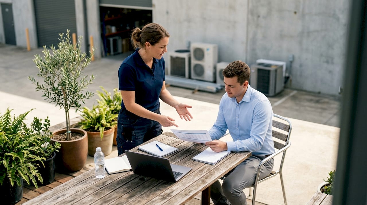 HVAC owner and accountant analyzing cash flow report