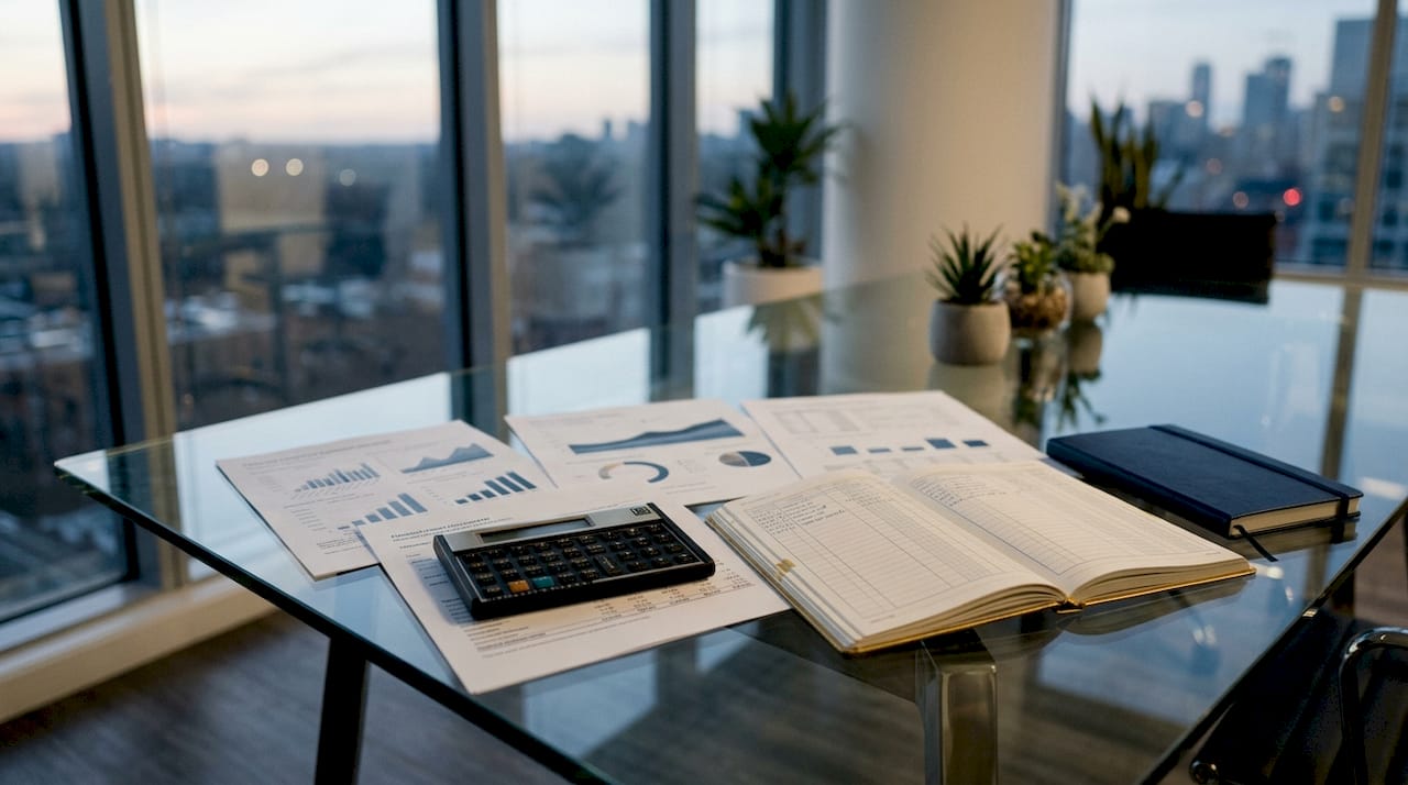 Overhead view of property-level financial documents and calculator
