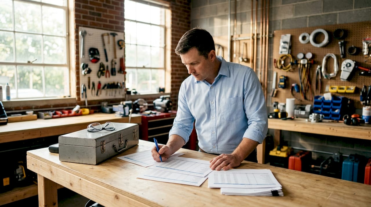 Hands reviewing HVAC small business cash flow spreadsheets