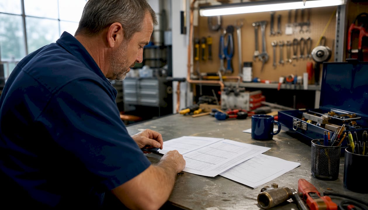 Plumber calculating cash flow figures on desk
