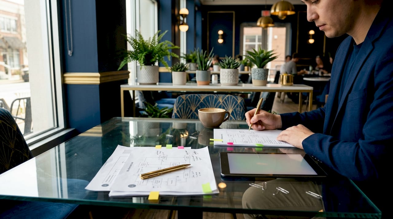 Close-up of business process mapping documents on table