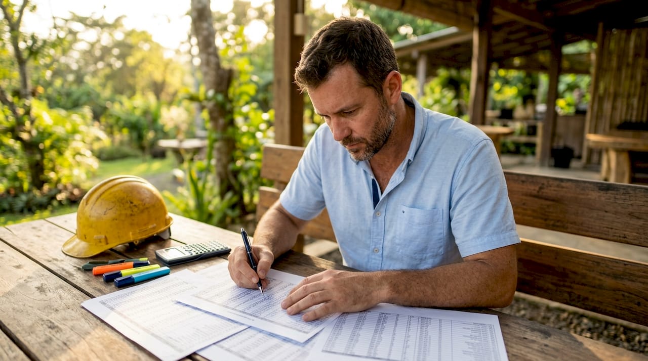 Contractor analyzing job costing spreadsheets at desk
