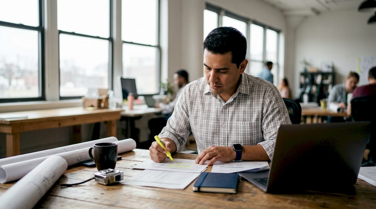 Contractor studying job costing papers at desk