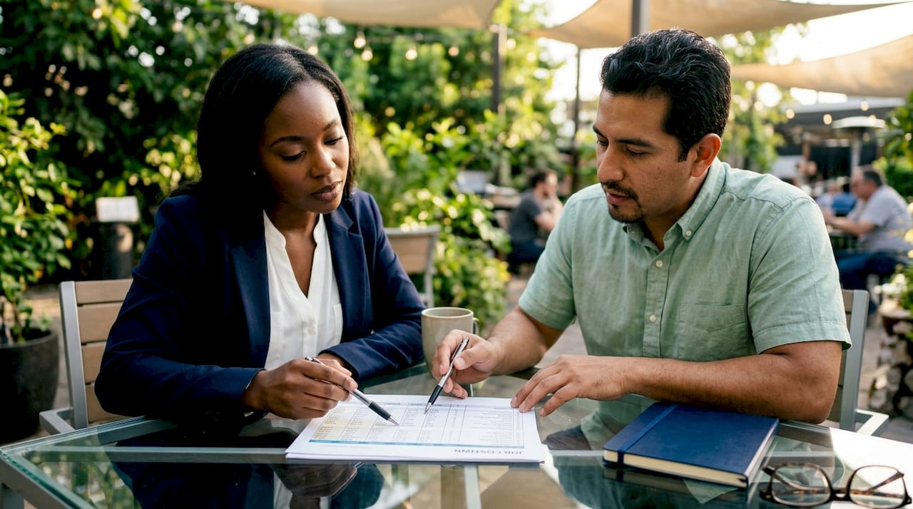 Contractors collaborating on job costing documents