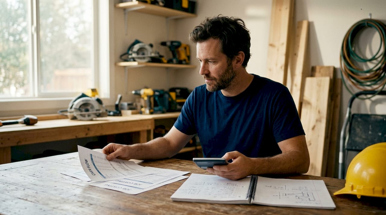 Close-up of contractor analyzing job costing financial documents