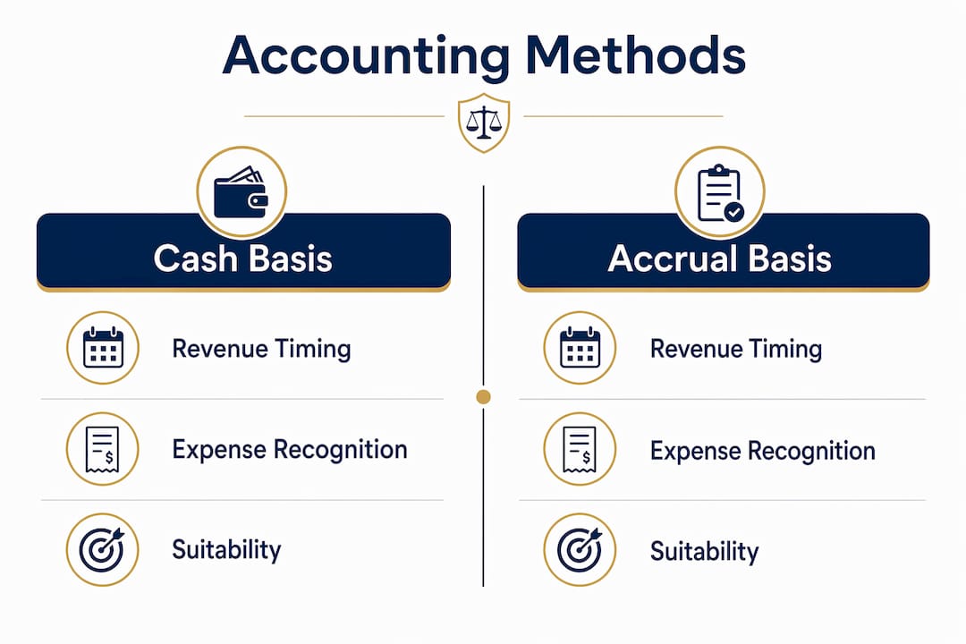 Infographic comparing cash basis and accrual accounting