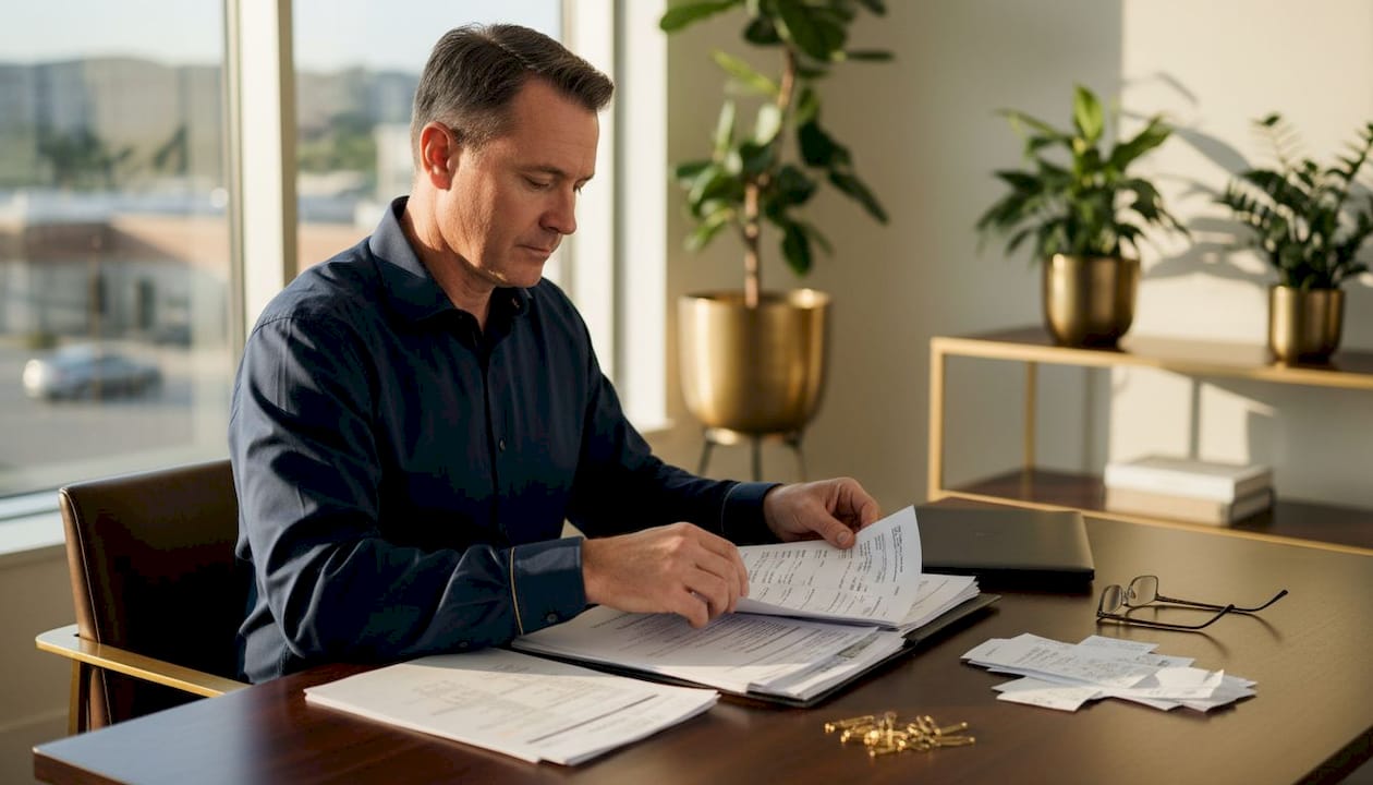 Hands organizing bookkeeping documents on desk