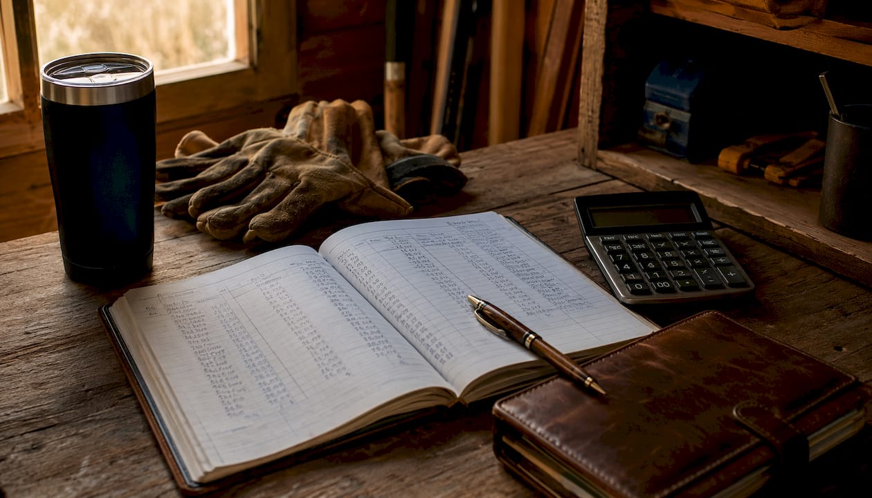Contractor's desk with job costing ledger and tools