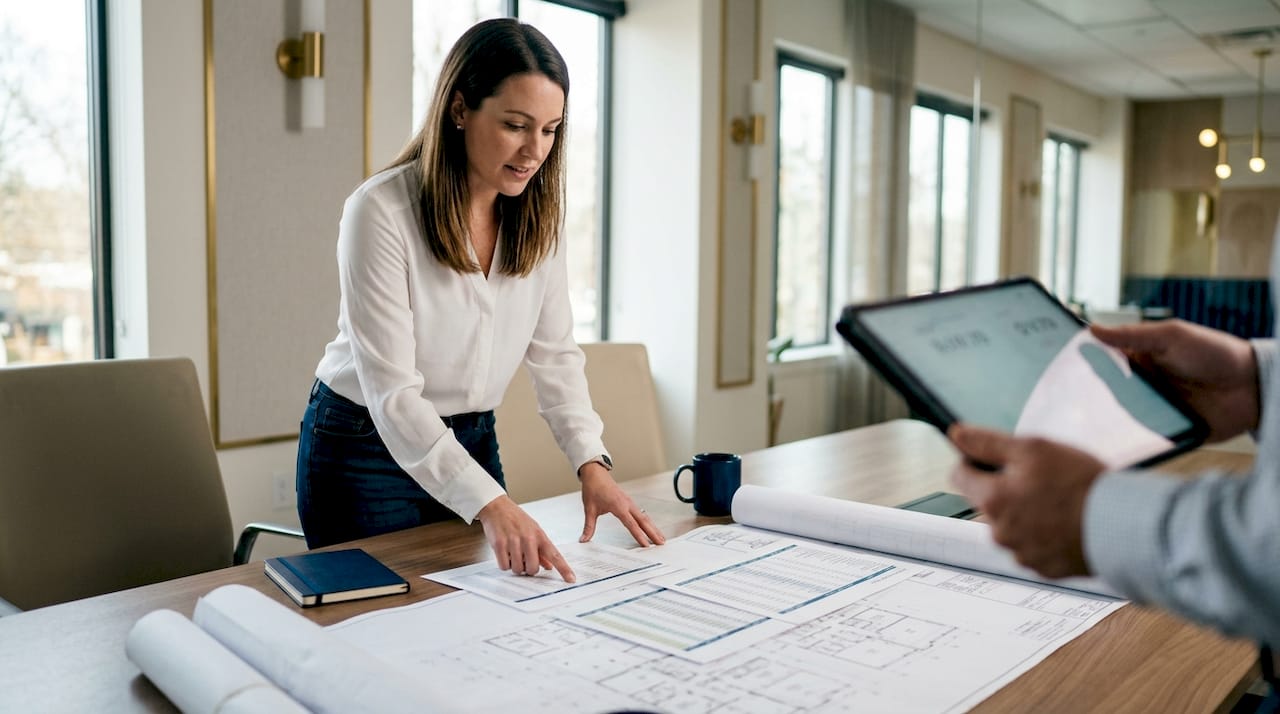 Contractor discussing job costing paperwork