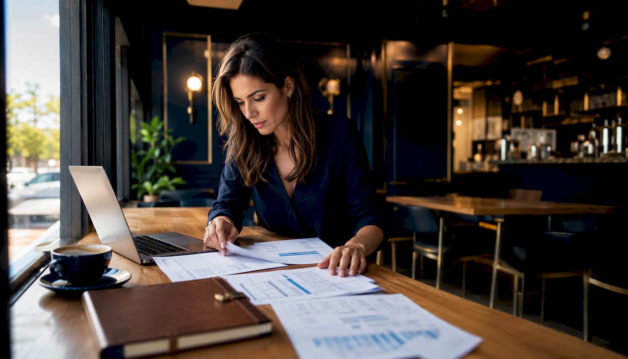 Real estate agent sorting financial assumptions papers