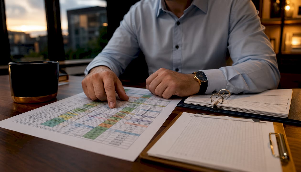 Hands analyzing cash flow spreadsheets on table