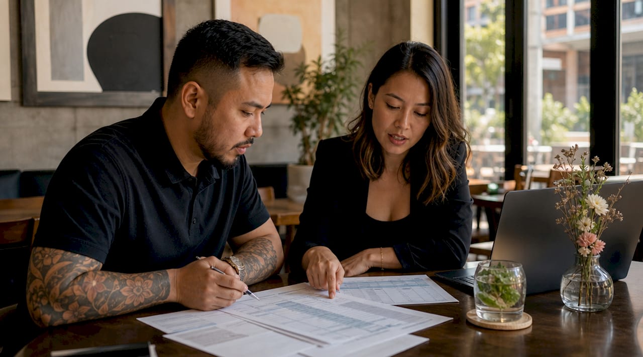 Hands coordinating cross-border B2B payment paperwork