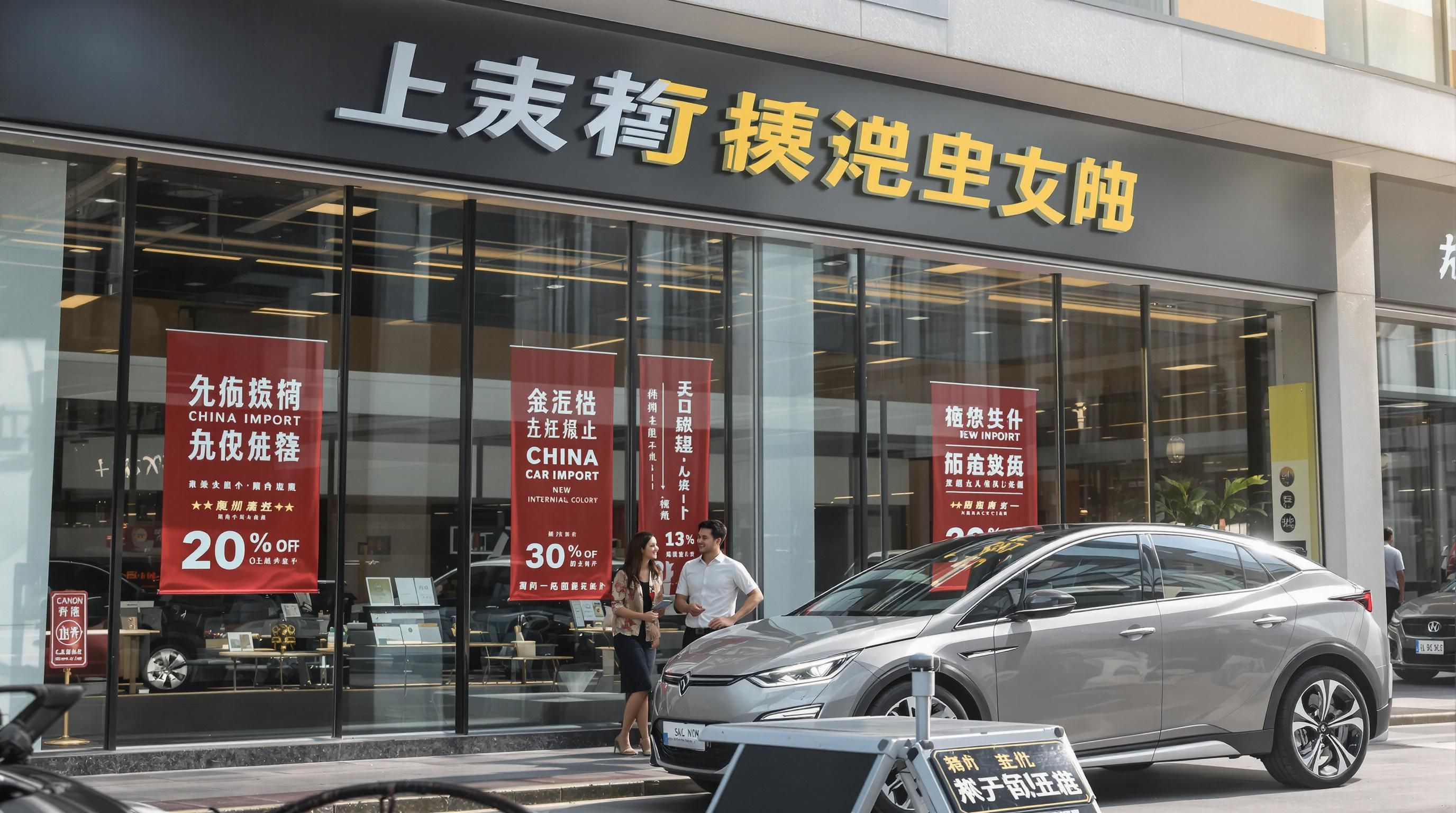 Modern Chinese electric car on US dealership lot with young couple