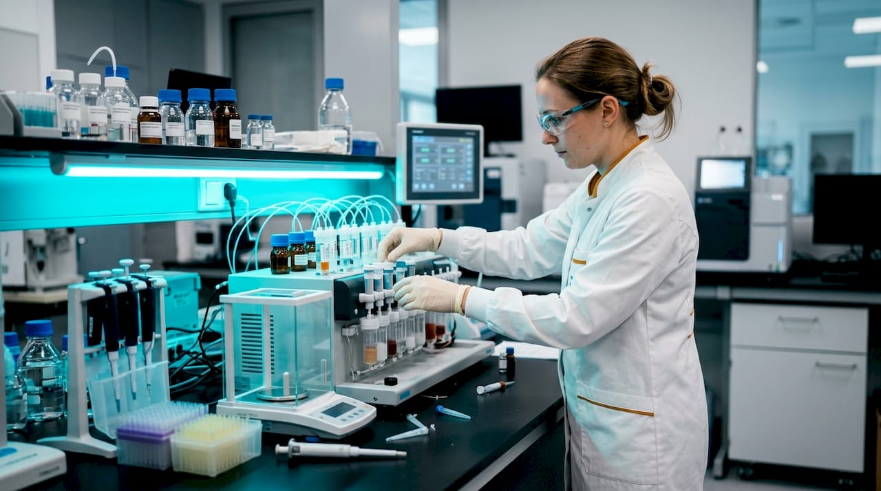 Hands preparing solid-phase peptide synthesis apparatus