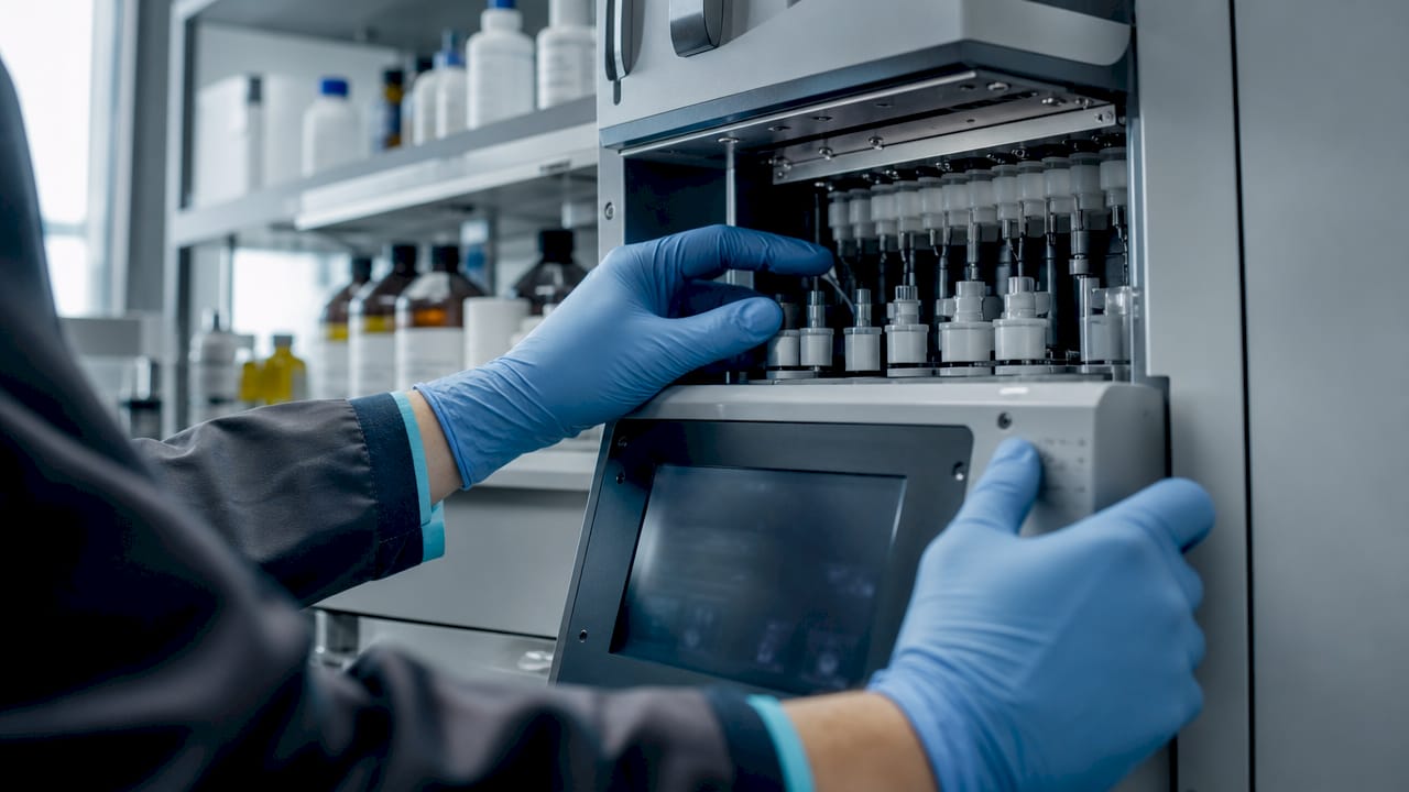 Gloved hands operating peptide synthesizer equipment