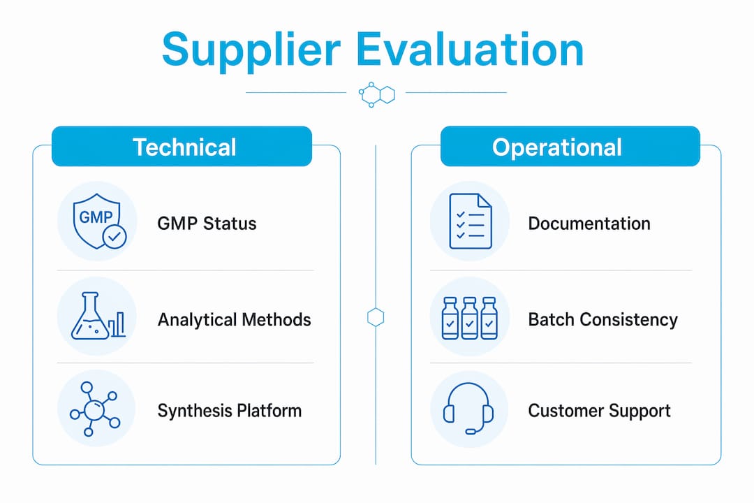 Infographic comparing technical and operational evaluation criteria for peptide suppliers