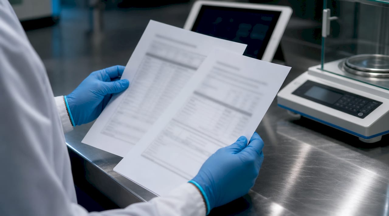 Hands reviewing peptide change control documents