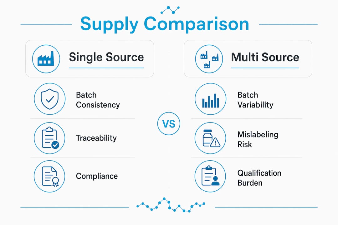 Infographic comparing single source vs multi source peptide supply