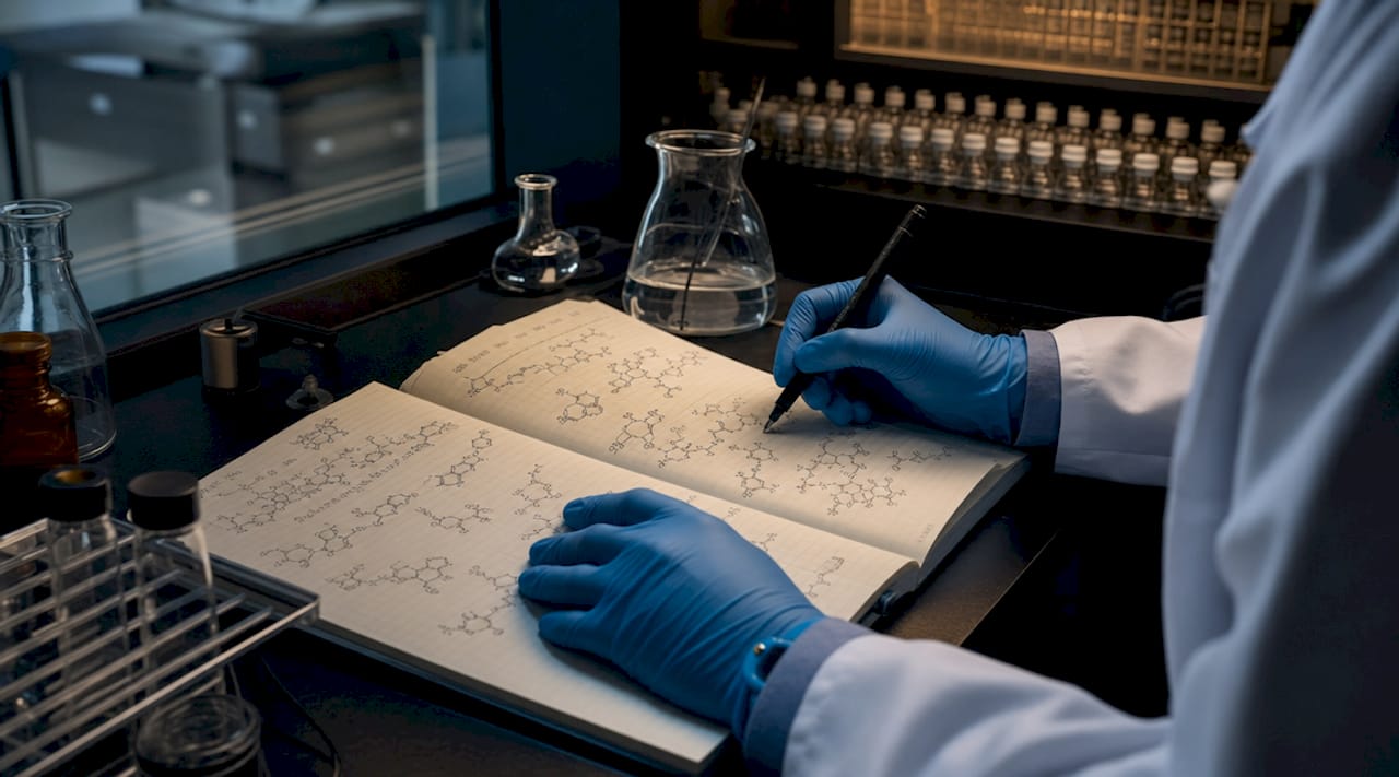 Hands holding peptide nomenclature notebook close-up