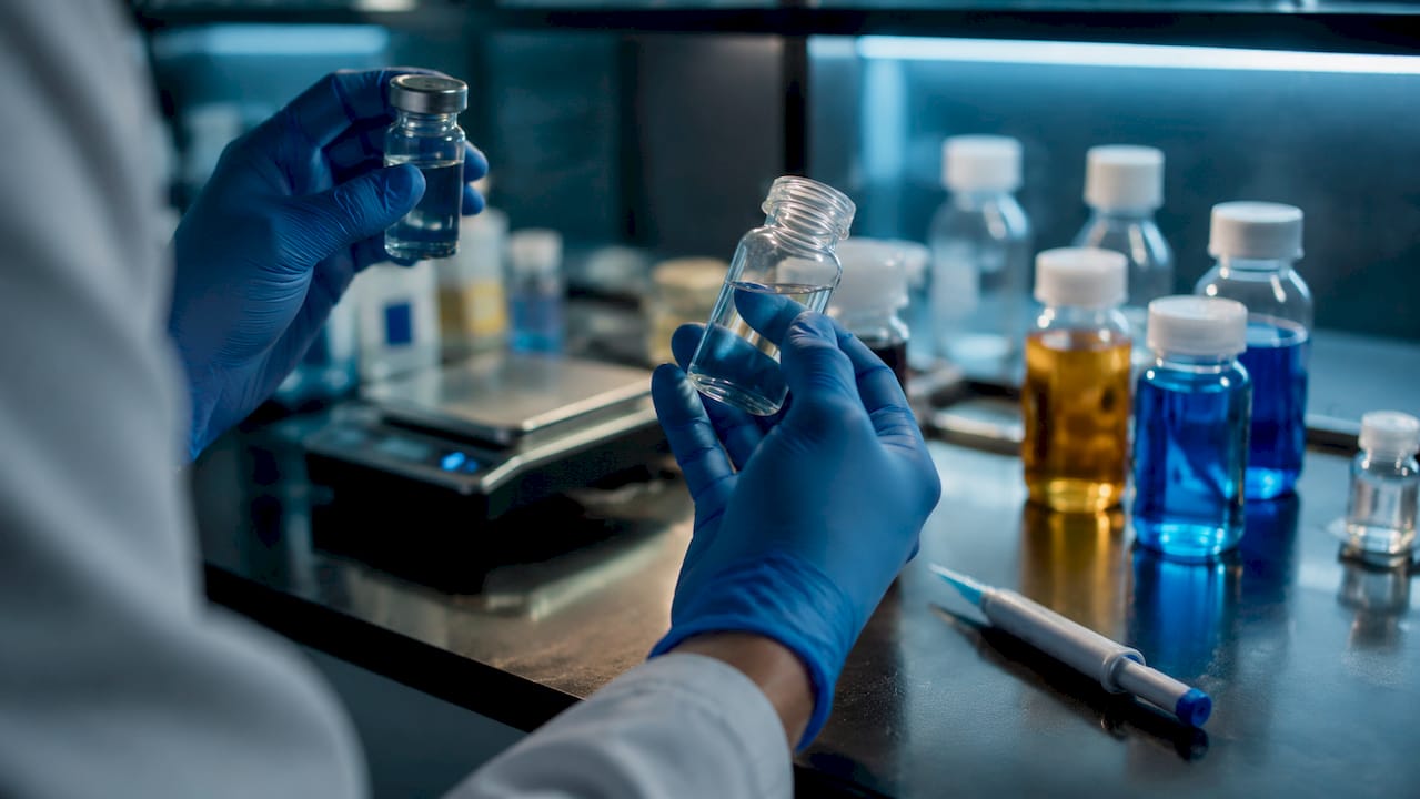 Hands holding solvent and swirling peptide solution vial