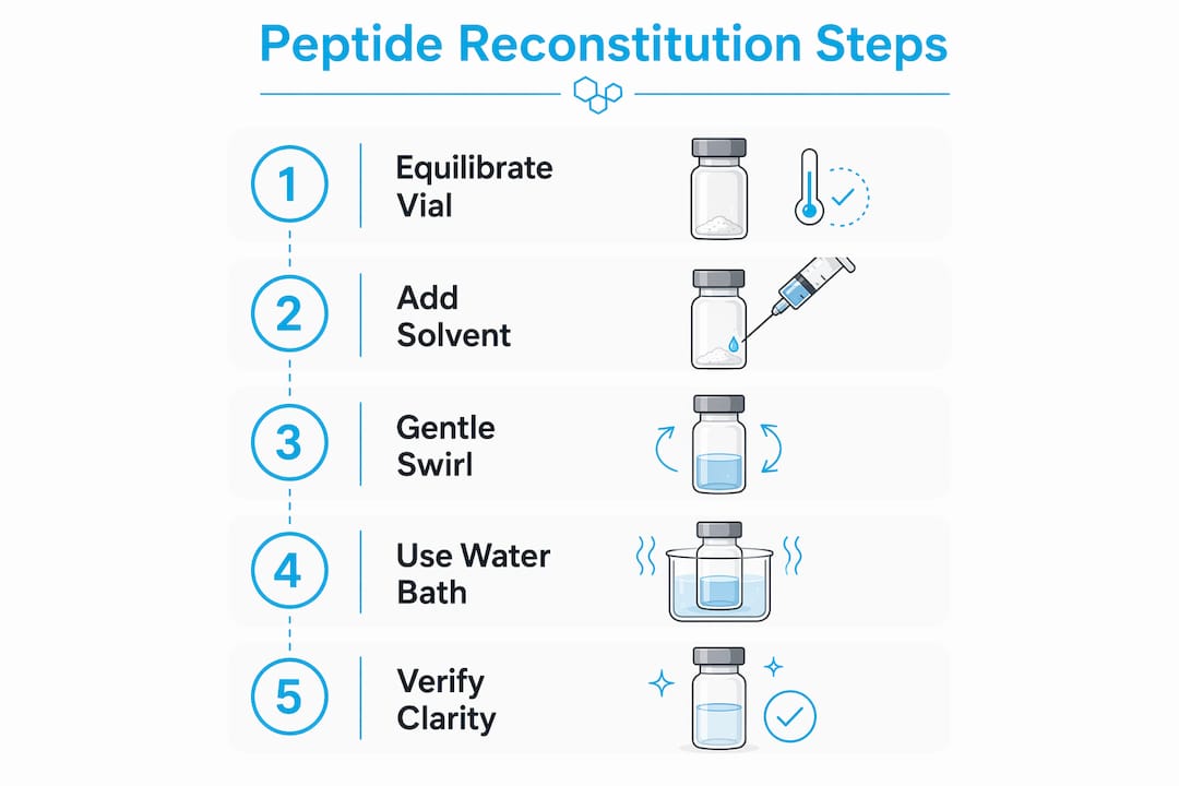 Infographic illustrating step-by-step peptide reconstitution process